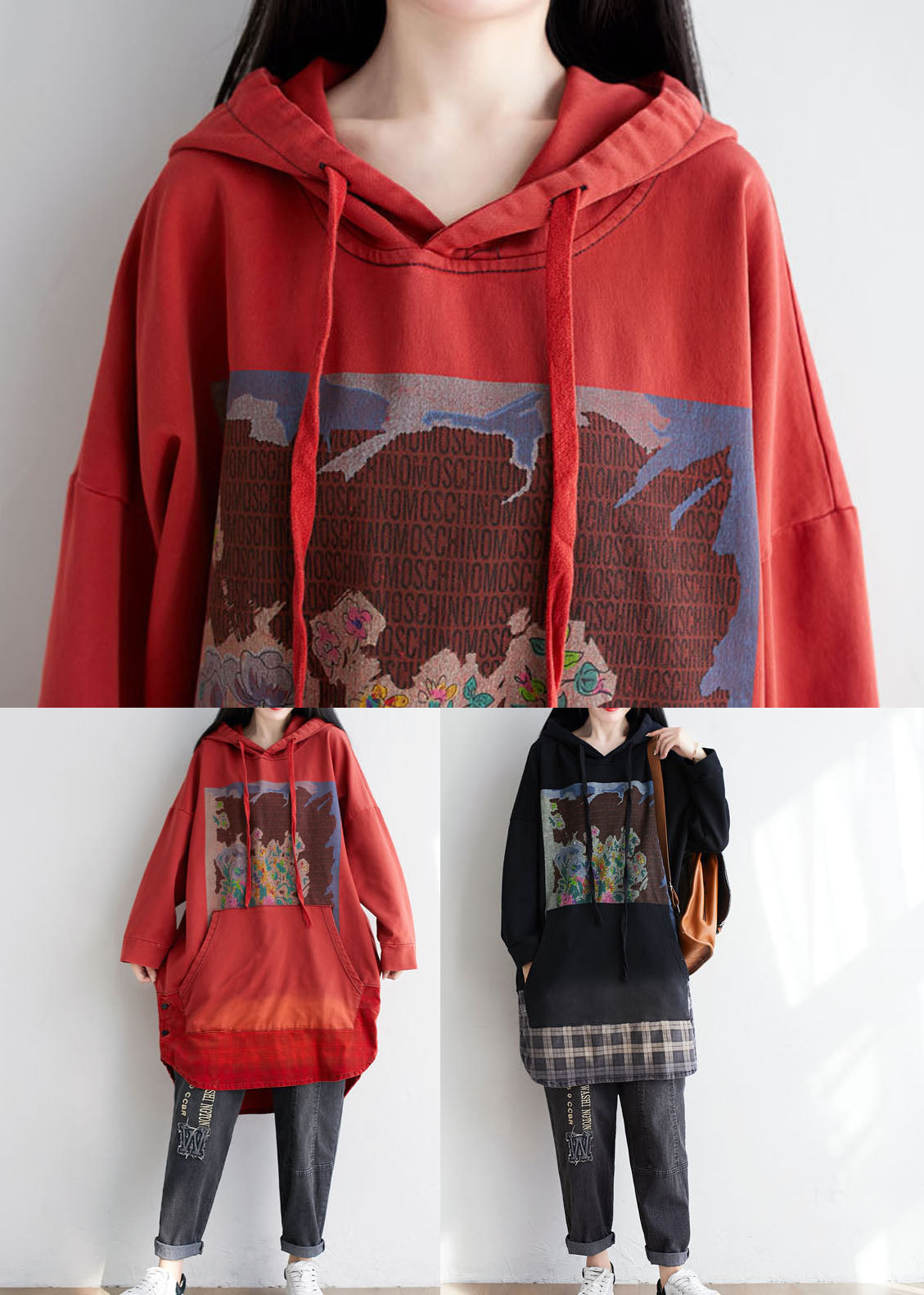 Plus Size Red Hooded Pockets Print Cotton Sweatshirt Dress Spring