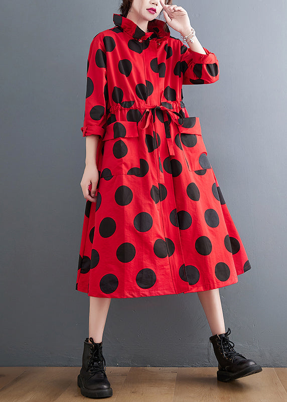 Plus Size Red Ruffled Pockets Dot Drawstring Cotton Coats Spring