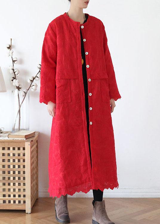 Plus Size Red Stand Button Fall Long Sleeve Coats