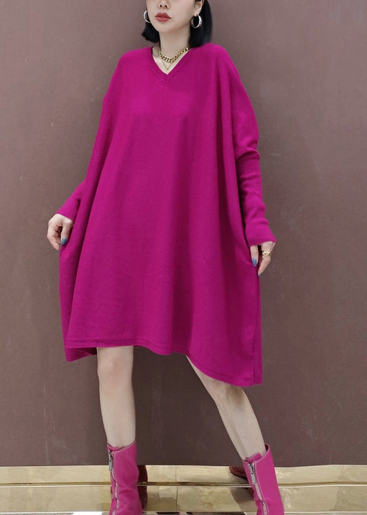 Plus Size Rose V Neck Patchwork Knit Mid Dresses Batwing Sleeve