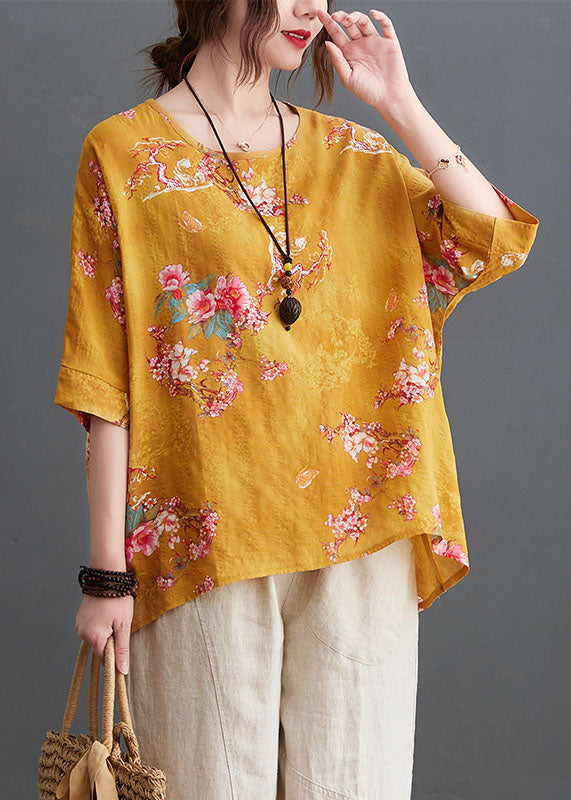 Plus Size Yellow O-Neck Floral Print Linen Tank Tops Half Sleeve