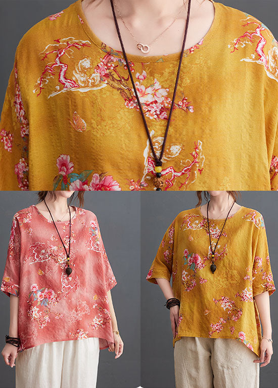 Plus Size Yellow O-Neck Floral Print Linen Tank Tops Half Sleeve