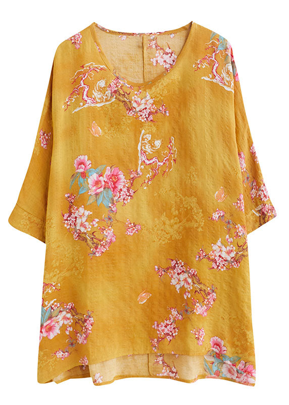 Plus Size Yellow O-Neck Floral Print Linen Tank Tops Half Sleeve