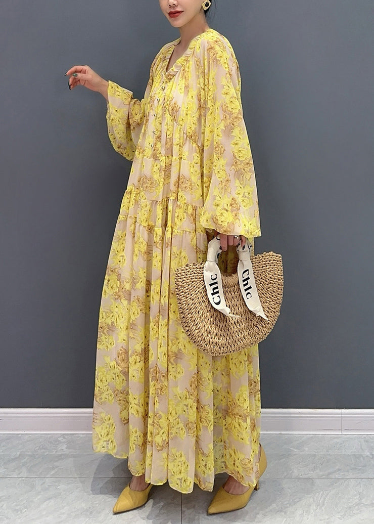 Plus Size Yellow V Neck Ruffled Print Chiffon Long Dresses Fall