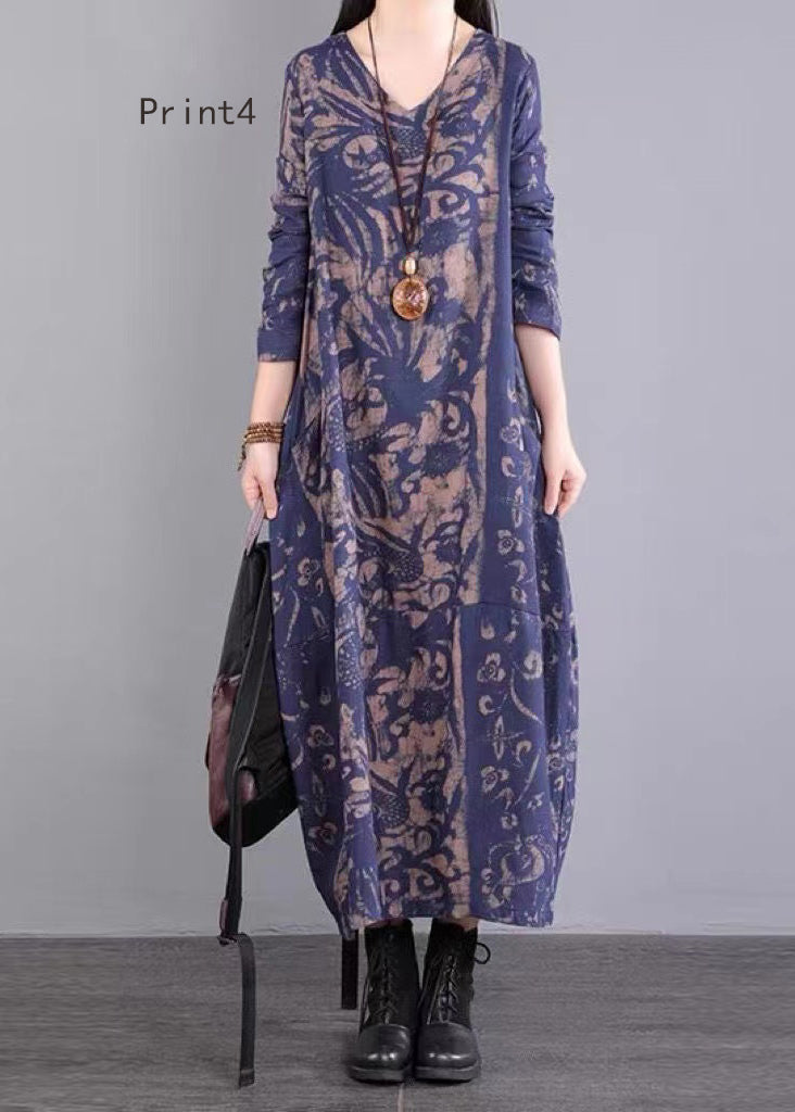 Print Patchwork Beautiful Cotton Long Dresses V Neck Fall