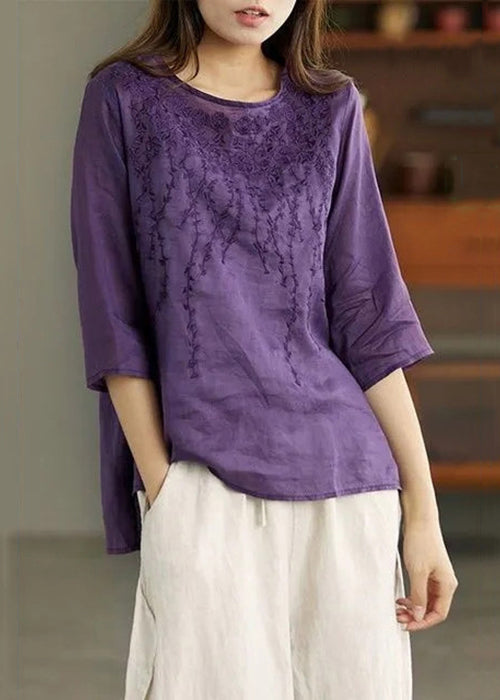 Purple Low High Design Patchwork Linen Tops Embroidered Half Sleeve