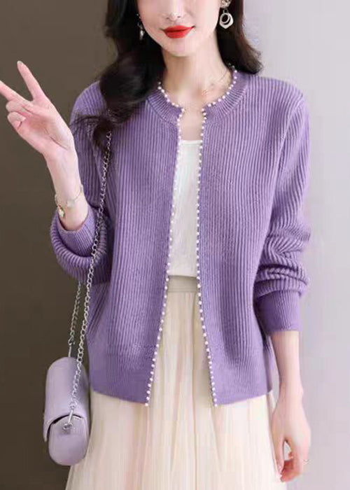 Purple Nail Bead Solid Knit Fall Cardigan O Neck