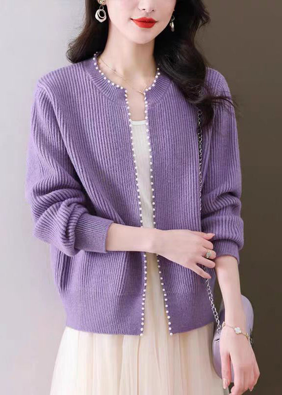 Purple Nail Bead Solid Knit Fall Cardigan O Neck