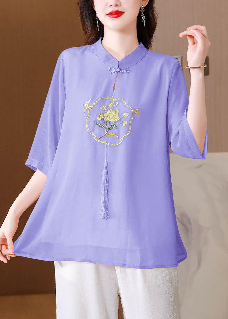 Purple Oriental Silk Shirts Embroidered Tasseled Half Sleeve