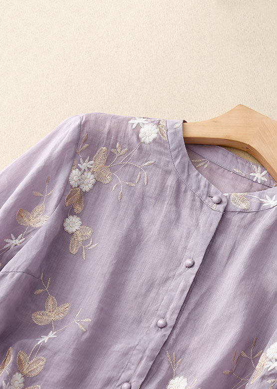 Purple Patchwork Cotton Shirt Tops Stand Collar Embroidered Summer