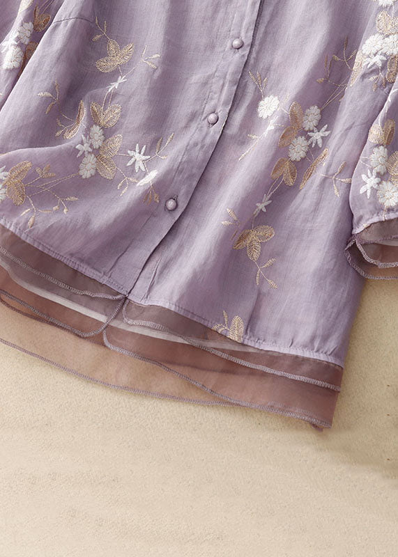 Purple Patchwork Cotton Shirt Tops Stand Collar Embroidered Summer