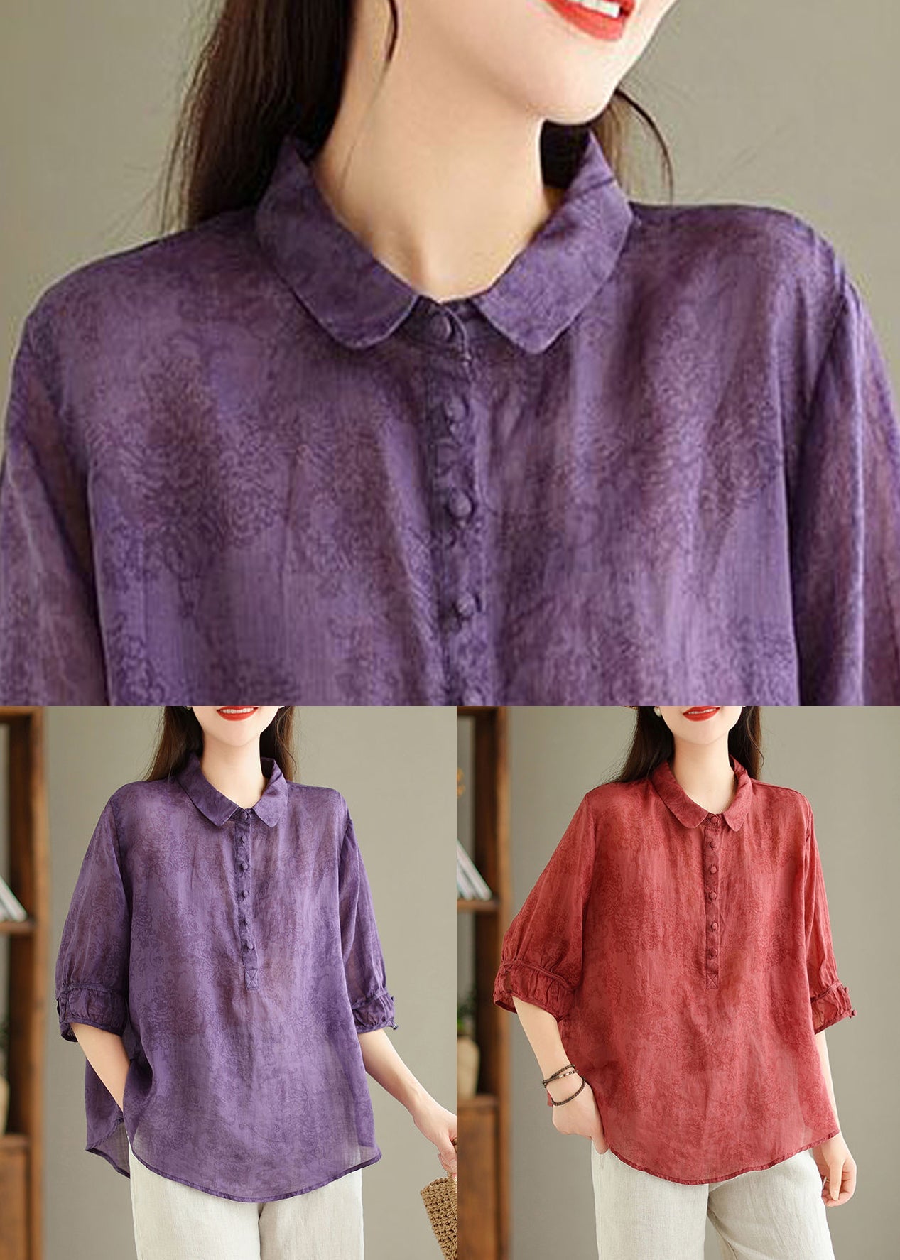 Red Button Print Linen Blouses Peter Pan Collar Summer