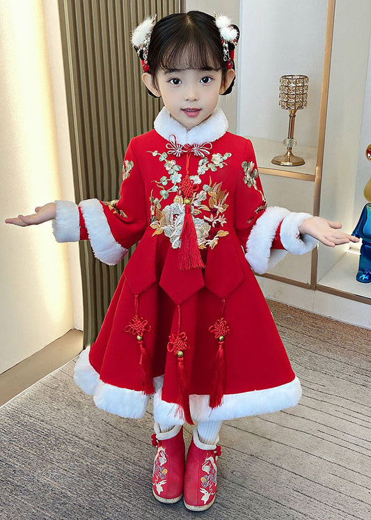 Red Embroidered Fur Collar Thick Kids Maxi Dresses Long Sleeve