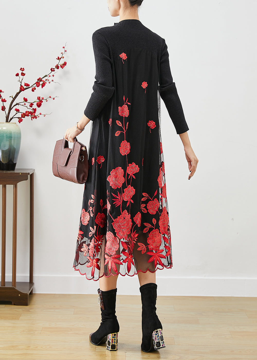 Red Floral Silm Fit Knit Long Dress Embroidered Fall