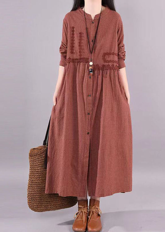 Red Plaid Patchwork Cotton Long Dress O Neck Stand Collar Fall