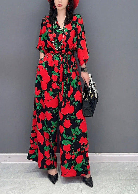 Red Print Chiffon Jumpsuit V Neck Tie Waist Summer