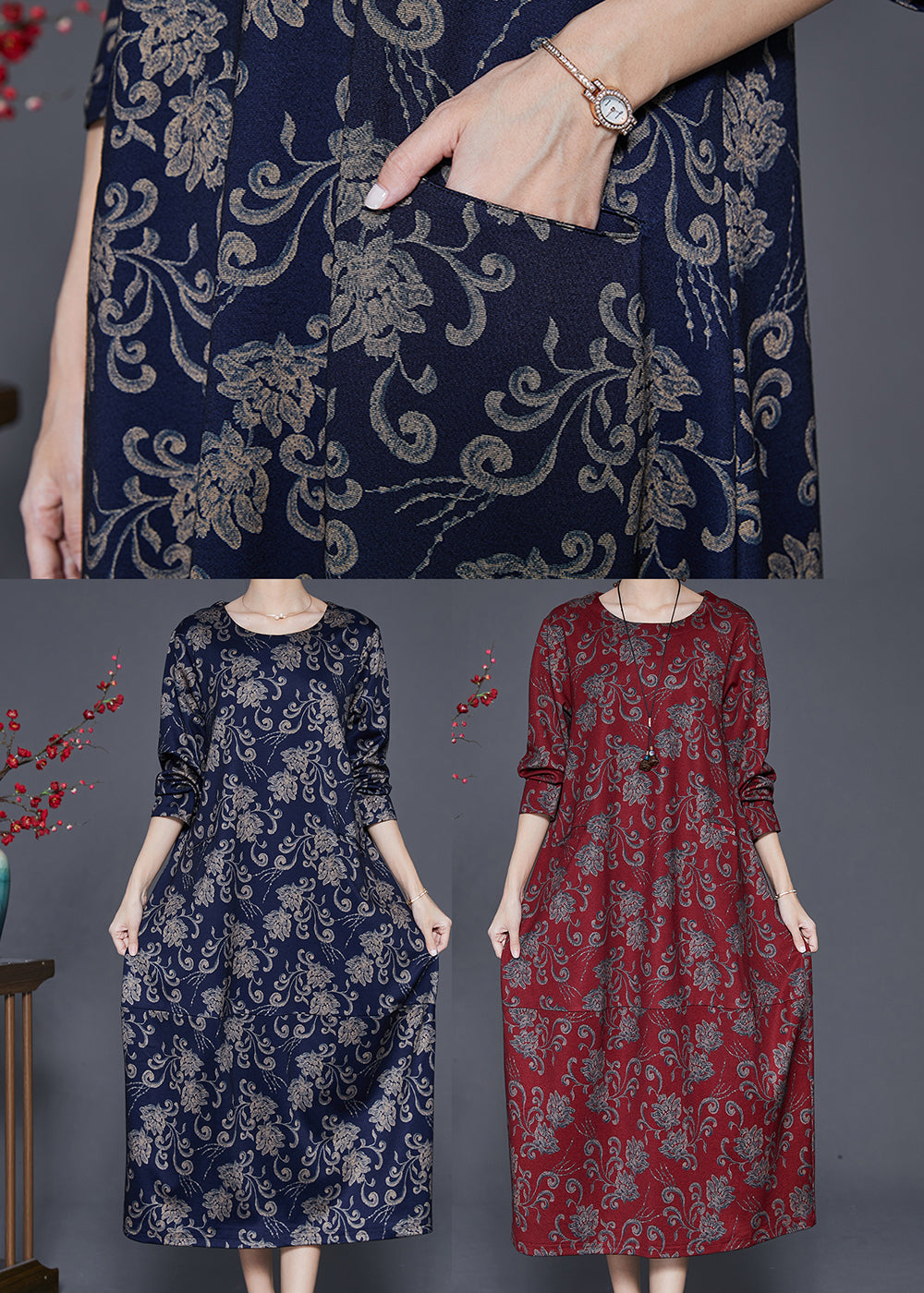 Red Print Cotton Long Dresses O-Neck Oversized Fall