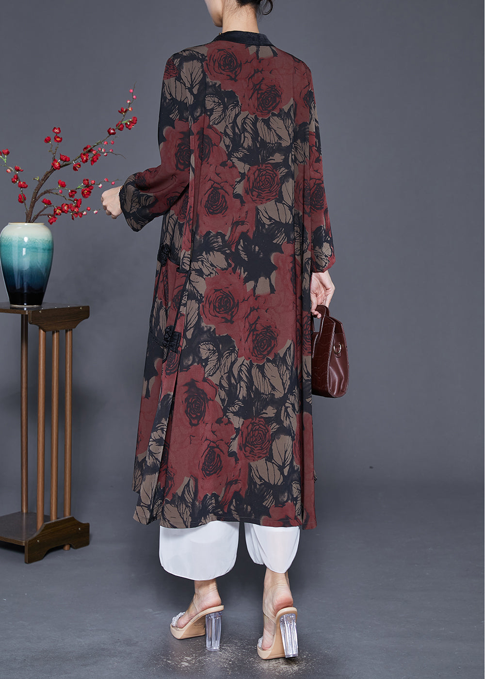 Red Print Silk Trench Coat Oversized Chinese Button Fall