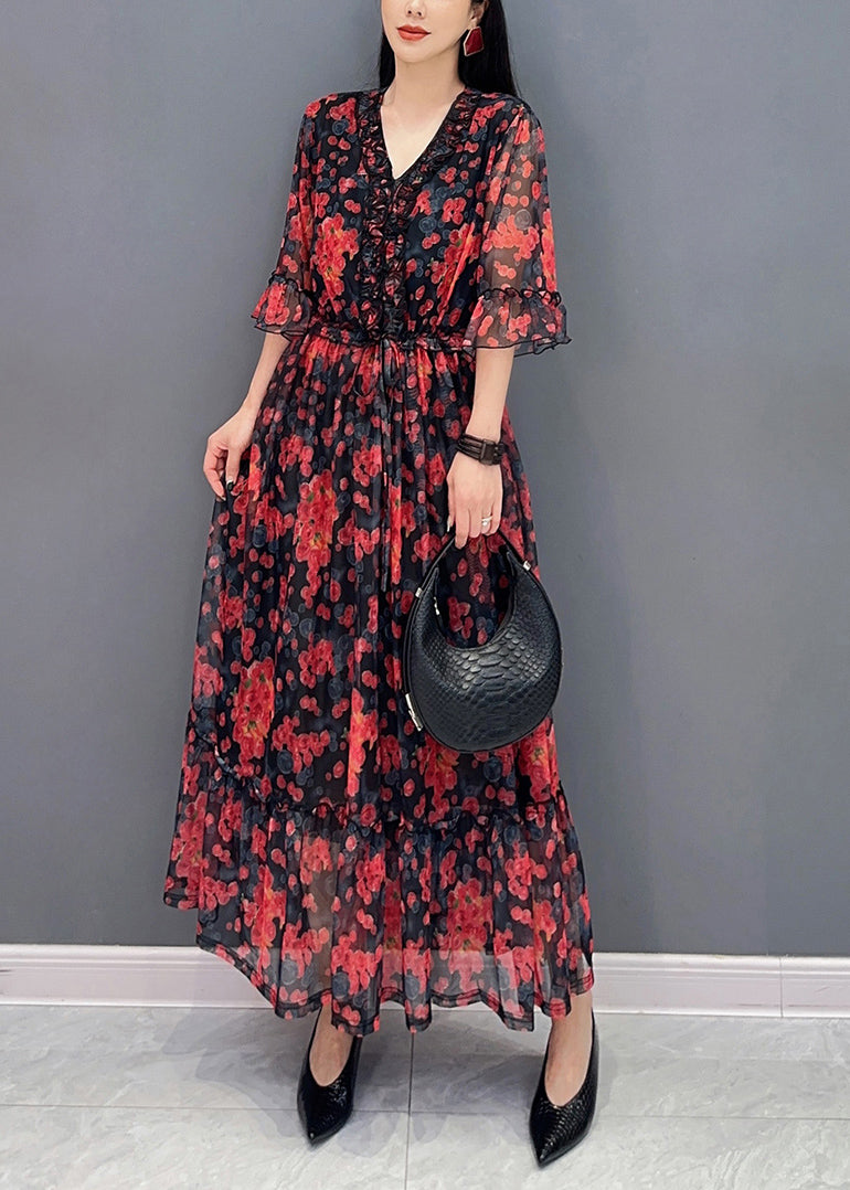 Red Ruffled Patchwork Tie Waist Chiffon Long Dress Half Sleeve