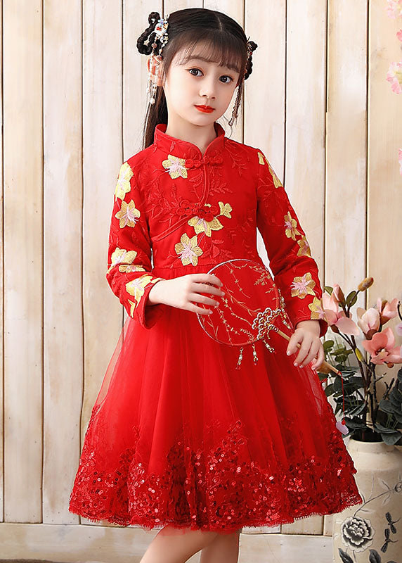 Red Stand Collar Sequins Tulle Kids Maxi Dress Long Sleeve