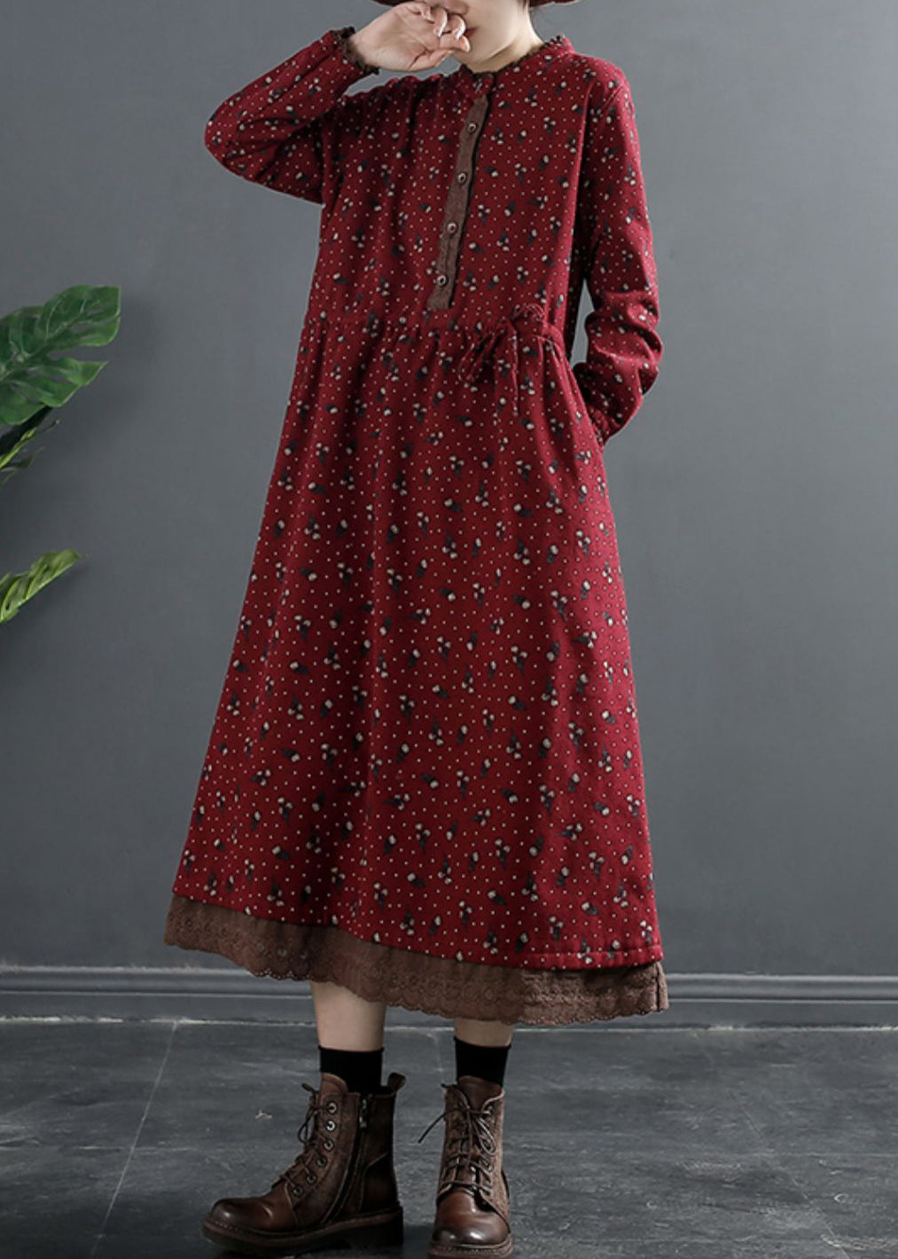 Red Tie Waist Lace Patchwork Fleece Dress O Neck Winter