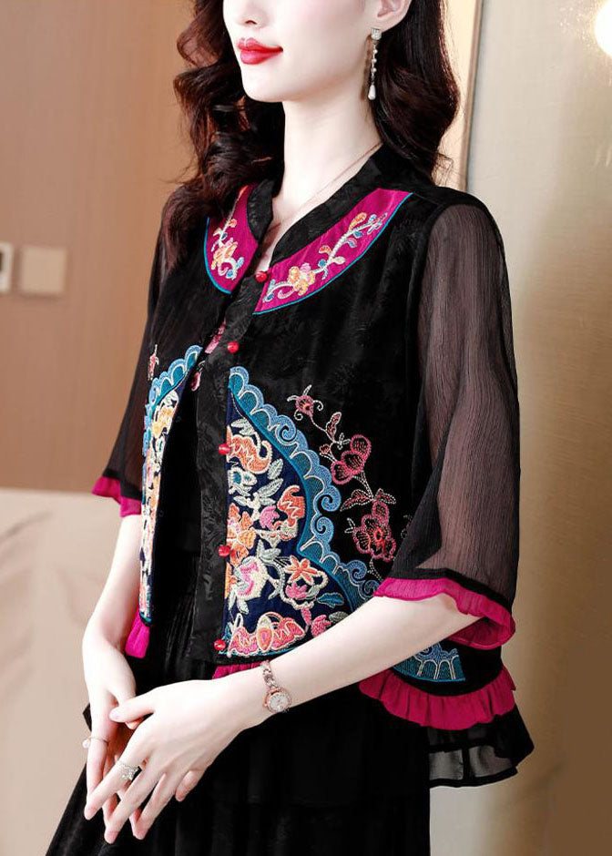 Retro Black Ruffled Embroidered Button Patchwork Chiffon Tops Summer