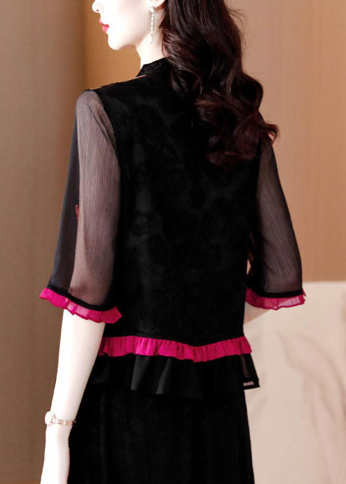 Retro Black Ruffled Embroidered Button Patchwork Chiffon Tops Summer