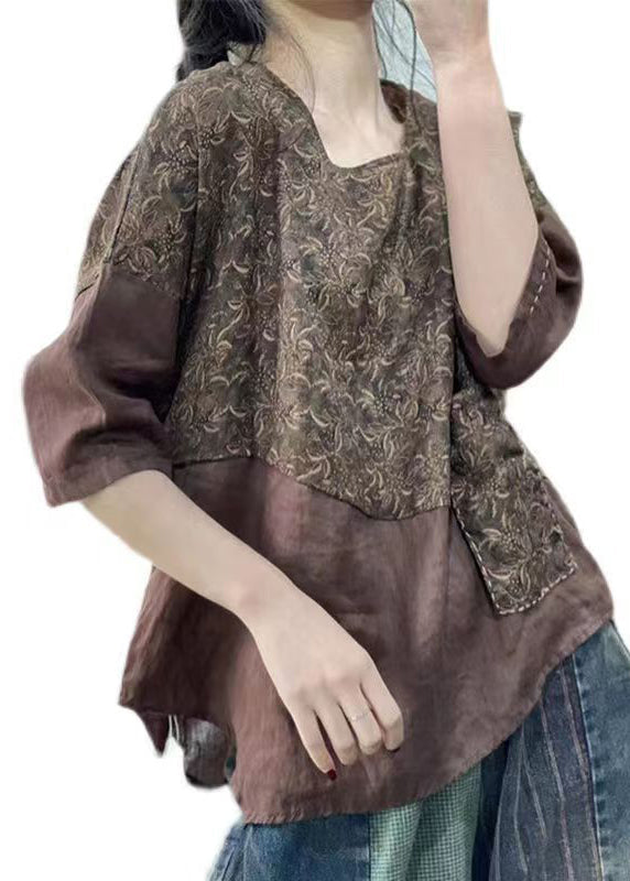 Retro Coffee O Neck Print Patchwork Linen Tops Half Sleeve