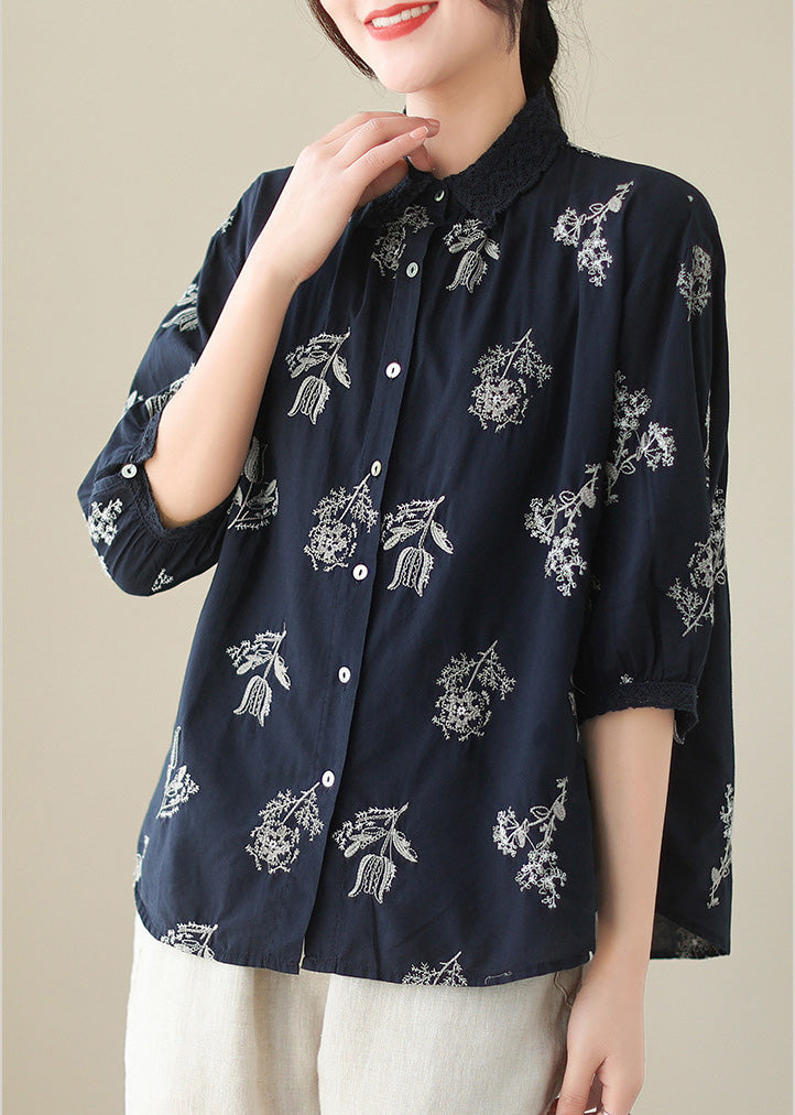 Retro Navy Blue Peter Pan Collar Print Hollow Out Button Cotton Shirt Half Sleeve