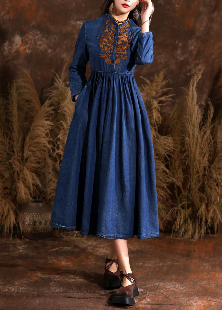 Retro Navy Stand Collar Wrinkled Patchwork Denim Long Dress Long Sleeve