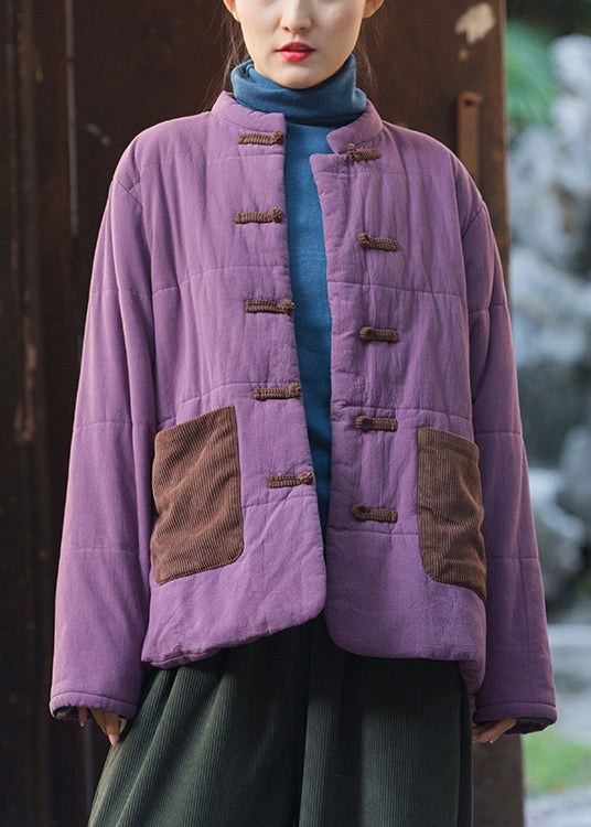 Retro Purple Chinese?Button Pockets Thick Parkas Winter