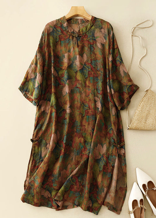 Retro Stand Collar Button Print Linen Dress Summer