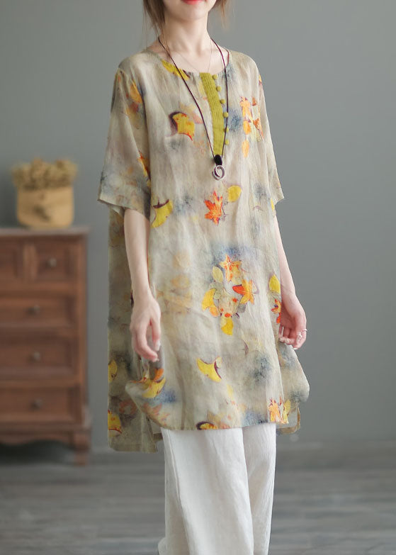 Retro Yellow O Neck Print Button Patchwork Linen Shirt Summer