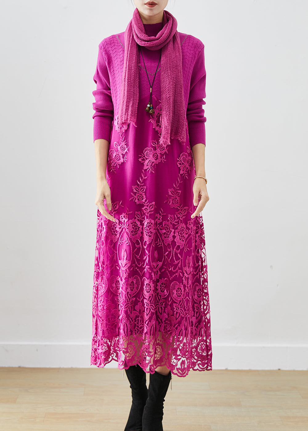 Rose Patchwork Knit Robe Dresses Embroidered Fall