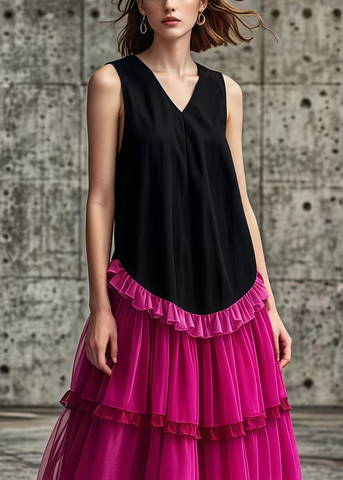 Rose Patchwork Tulle Cotton Long Dresses Ruffled Sleeveless