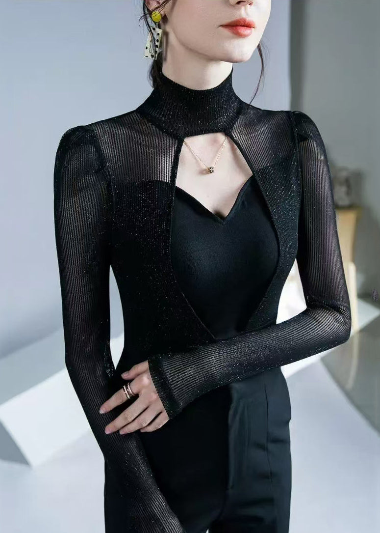 Sexy Black Turtleneck Hollow Out Patchwork KnitTop Fall