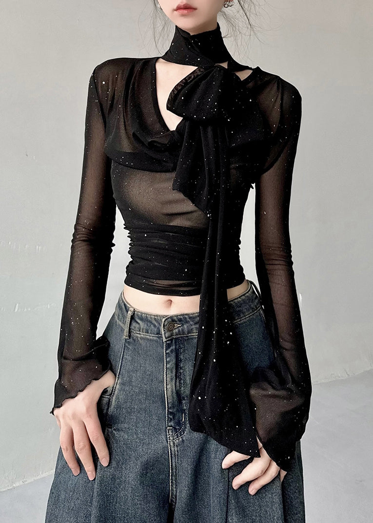 Sexy Slim Fit Black V Neck Tulle T Shirts Fall