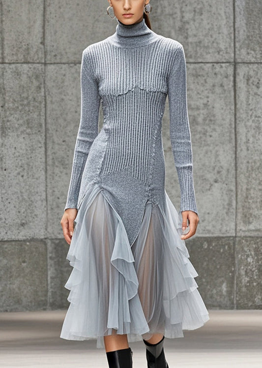 Silm Fit Grey Turtle Neck Patchwork Tulle Long Knit Dress Winter