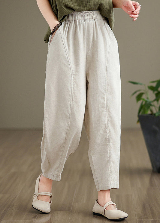 Simple Beige Pockets Elastic Waist Cotton Pants Fall