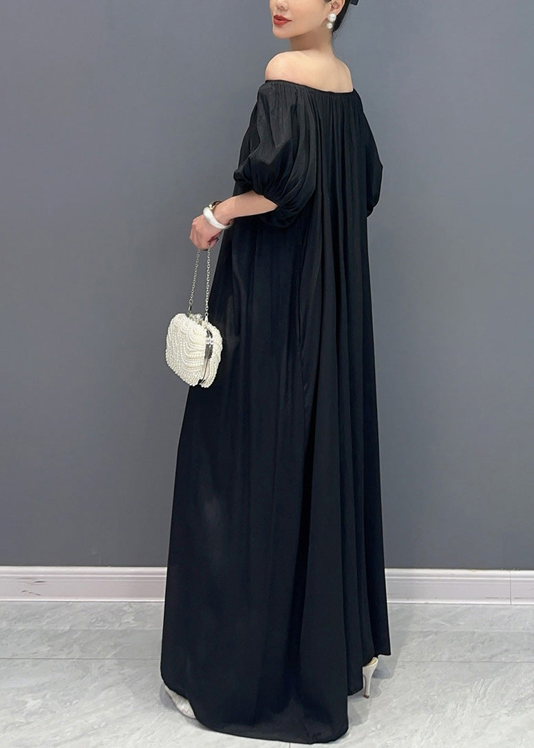 Simple Black Cold Shoulder Slash Neck Cotton Long Dress Summer