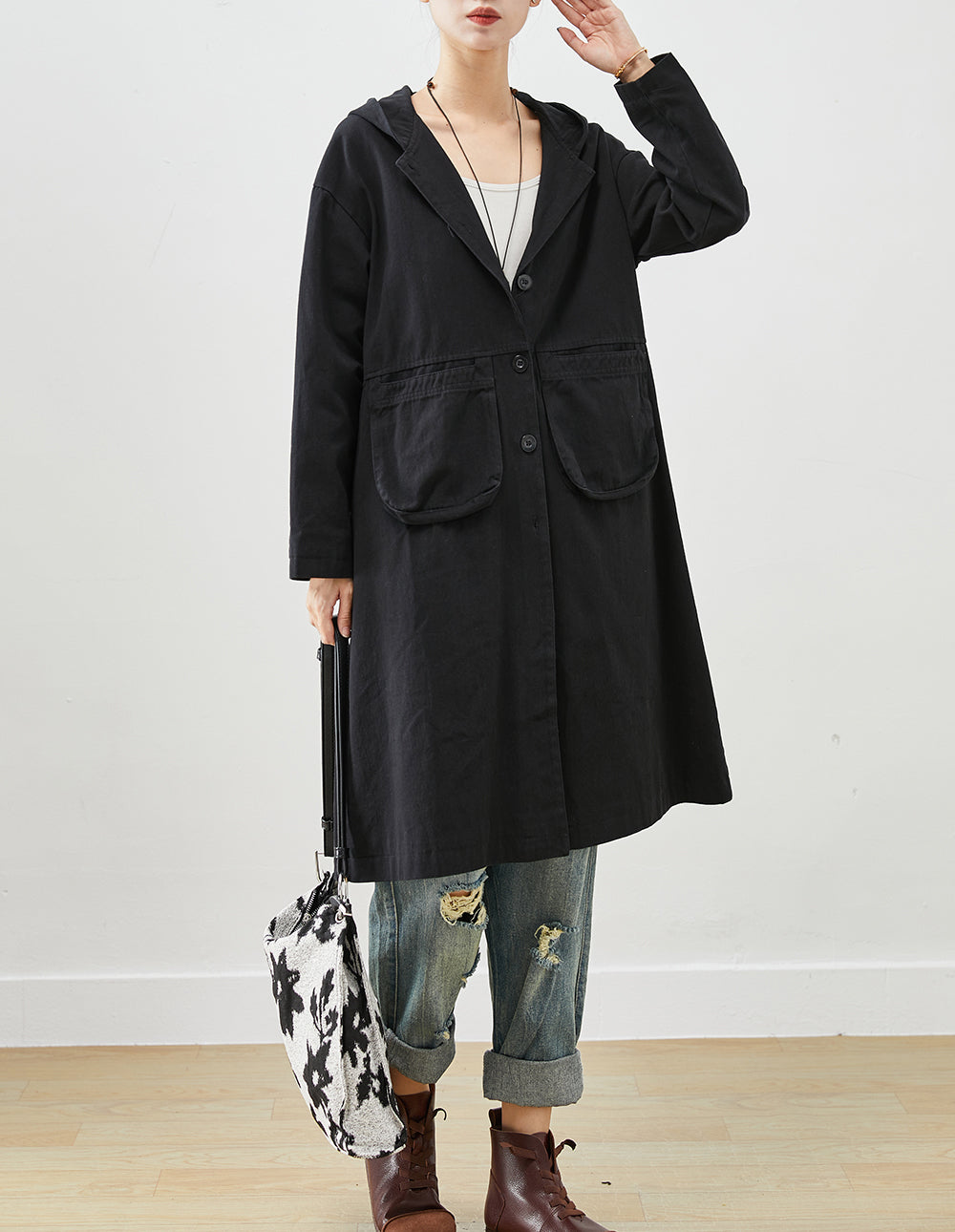 Simple Black Hooded Pockets Cotton Trench Fall