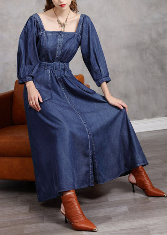 Simple Blue Square Collar Patchwork Pockets Long Denim Dresses Bracelet Sleeve