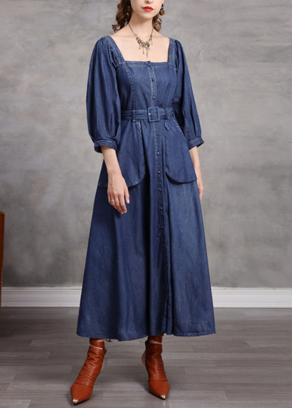 Simple Blue Square Collar Patchwork Pockets Long Denim Dresses Bracelet Sleeve