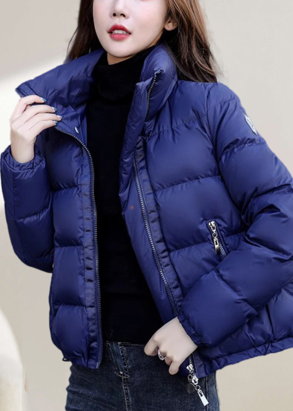 Simple Blue Stand Collar Zip Up Solid Down Coat Winter