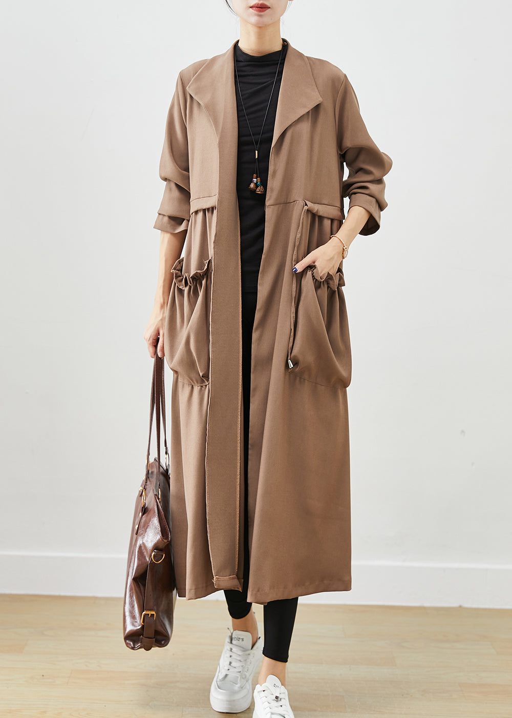 Simple Coffee Cinched Ruffled Pockets Cotton Coat Fall