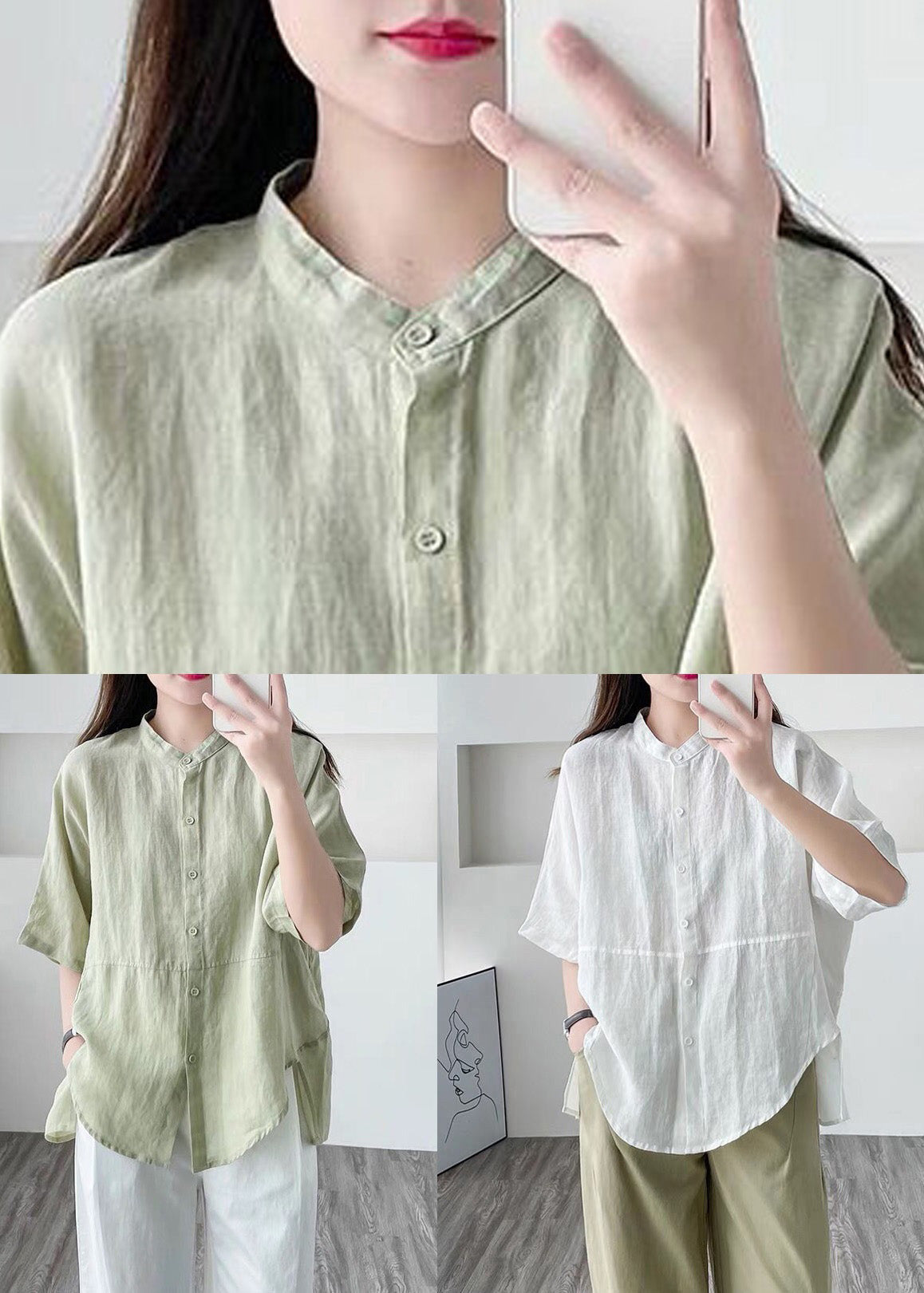 Simple Green Asymmetrical Button Cotton Shirt Summer