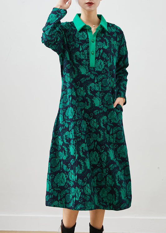 Simple Green Peter Pan Collar Print Cotton Maxi Dress Fall