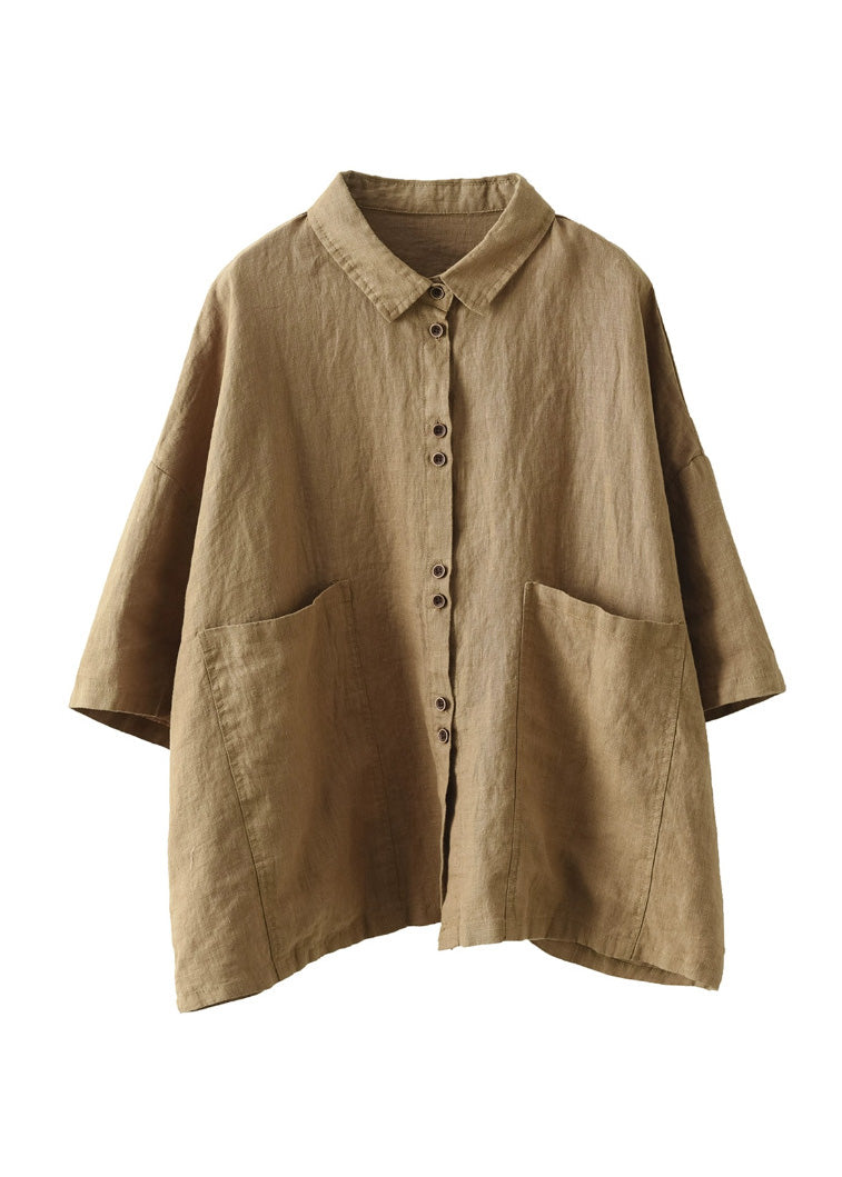 Simple Khaki Patchwork Button Solid Linen Shirts Half Sleeve