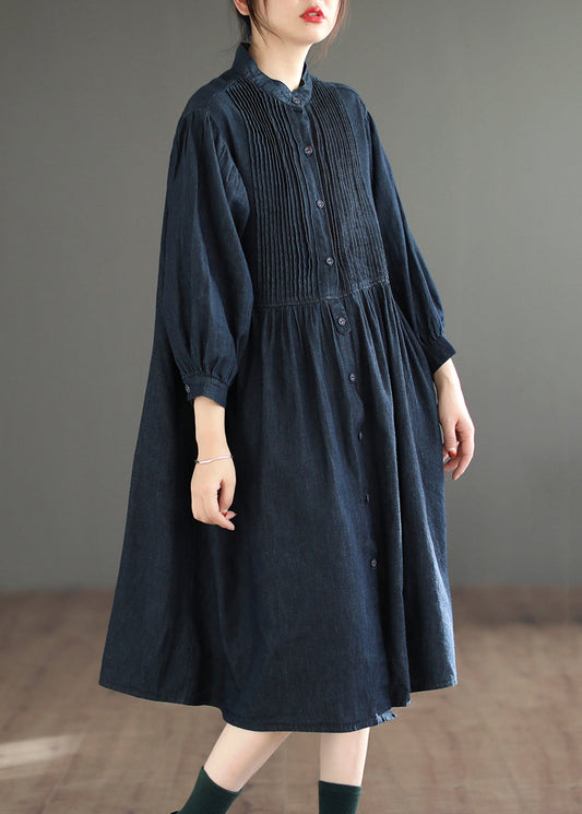 Simple Navy Button Wrinkled Patchwork Denim Shirts Dress Fall