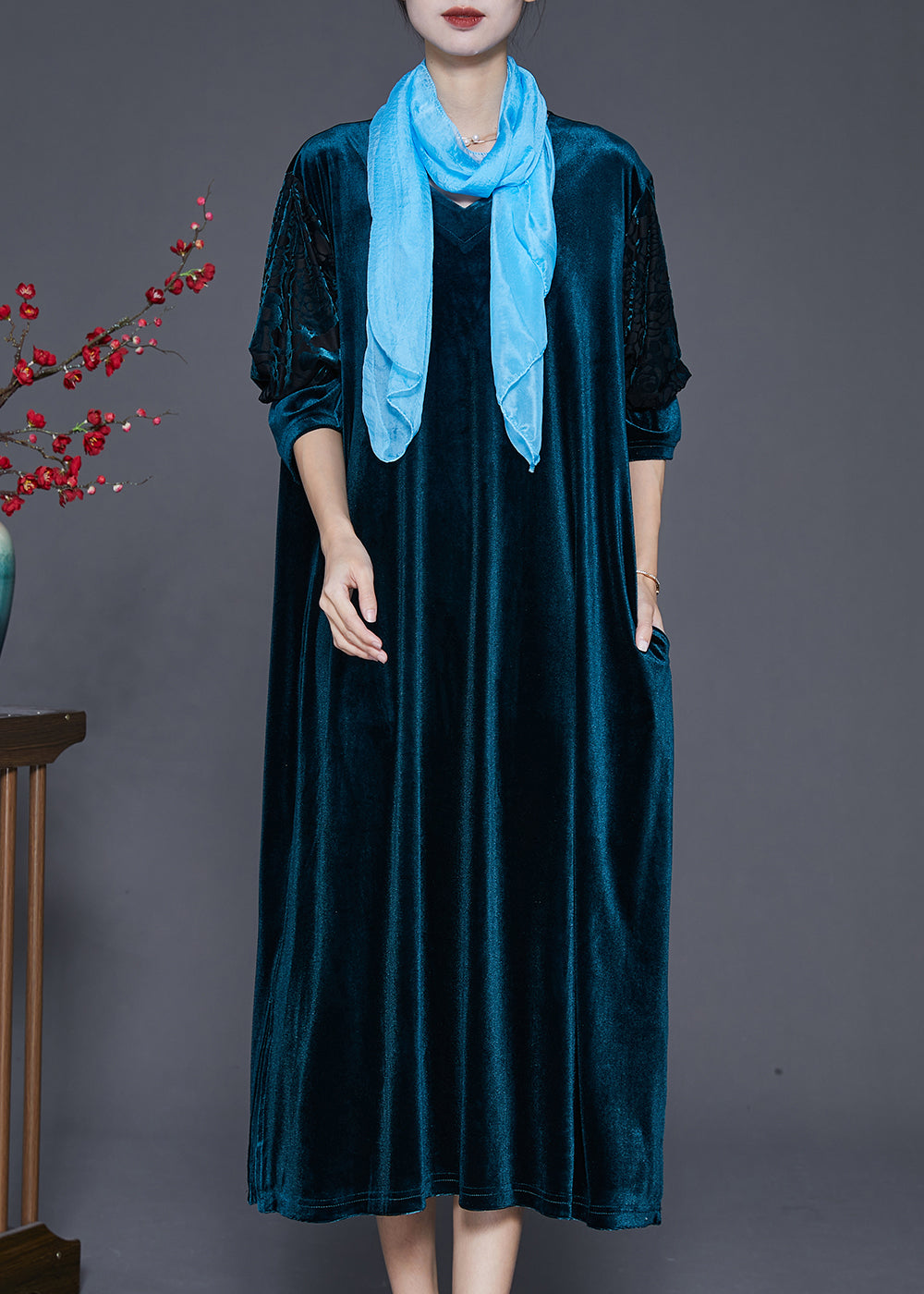 Simple Peacock Blue Oversized Silk Velour Holiday Dress Fall